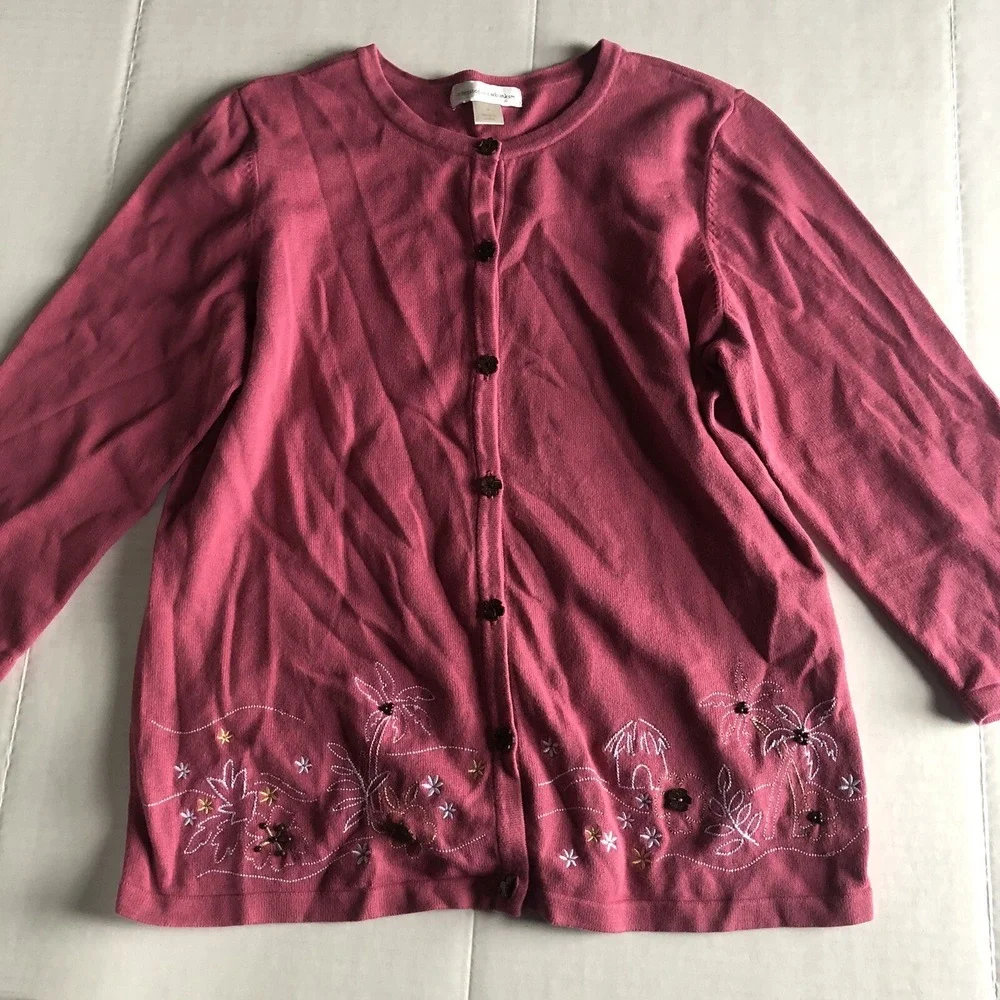 Christopher Banks Pink Palm Tree Floral Tropical Cardigan Embroidered M A1291